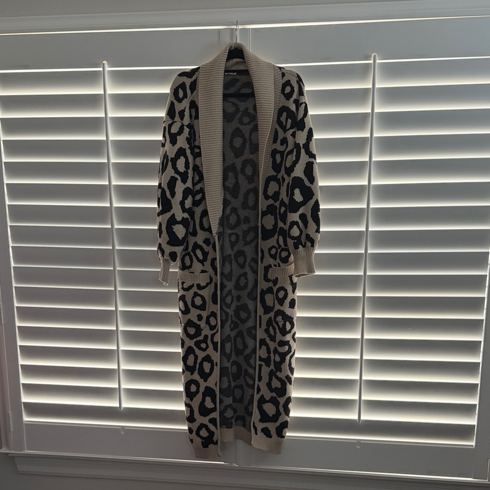 Leopard Print Long Open Cardigan - Beige & Black